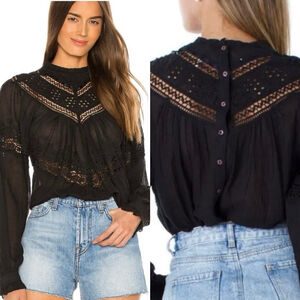 Free People Abigail Victorian Eyelet Lace Long Sleeve Blouse Black - XS